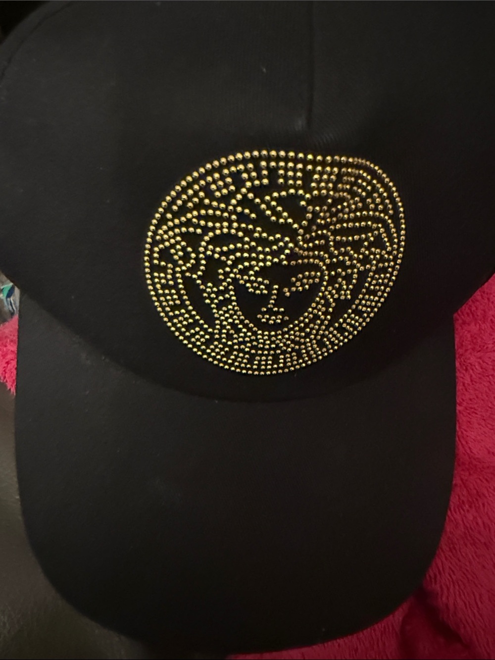 Versace Black Cap with Gold Medusa Stud Detail